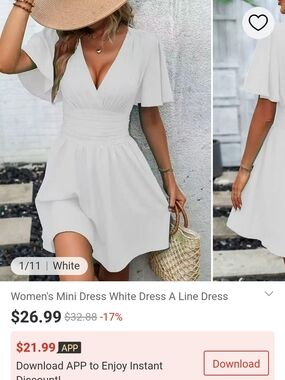 Women's White A-Line Mini Dress with V-Neck